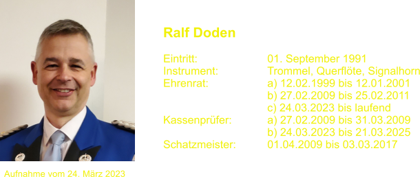 Ralf Doden   Eintritt:			01. September 1991 Instrument:		Trommel, Querflte, Signalhorn Ehrenrat:			a) 12.02.1999 bis 12.01.2001 				b) 27.02.2009 bis 25.02.2011                                   c) 24.03.2023 bis laufend Kassenprfer:		a) 27.02.2009 bis 31.03.2009 b) 24.03.2023 bis 21.03.2025 Schatzmeister:		01.04.2009 bis 03.03.2017 Aufnahme vom 24. Mrz 2023