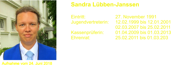 Aufnahme vom 24. Juni 2018 Sandra L�bben-Janssen  Eintritt:			27. November 1991 Jugendvertreterin:	12.02.1999 bis 12.01.2001                                   02.03.2007 bis 25.02.2011 Kassenpr�ferin:		01.04.2009 bis 01.03.2013 Ehrenrat:			25.02.2011 bis 01.03.203