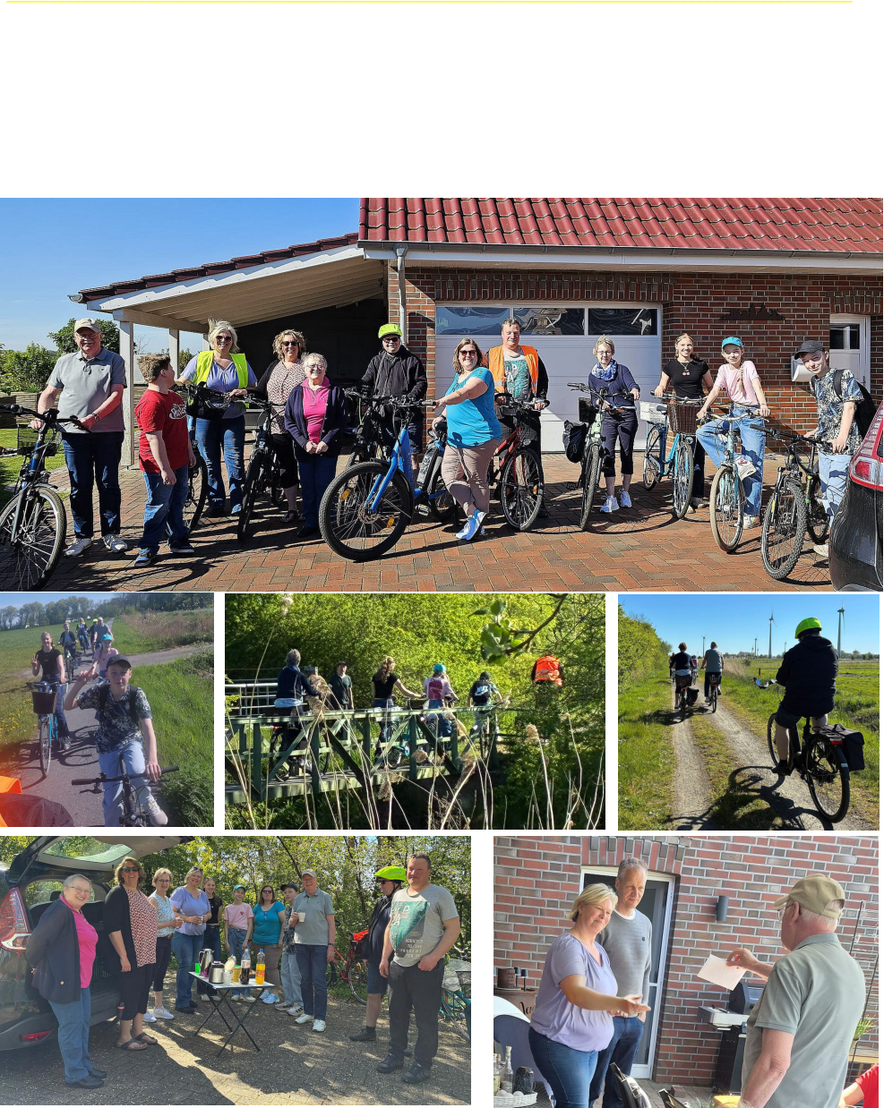 __________________________________________________________________________________________________________ Die jeverschen Spielleute waren am 02. Mai 2026 mit dem Fahrrad unterwegs Gut gelaunt trafen sich ein Teil der jeverschen Spielleute morgens um 10 Uhr bei dem Vergn�gungsleiterteam Rena und Markus. Beide hatten eine 2-st�ndige Route mit 2 Pausen vorbereitet. In den Pausen gab es  Kaffee/Tee/Kaltgetr�nke und selbstgebackenen Kuchen. Die Fahrt endete auf dem Grundst�ck von Rena.  Sie und ihr Mann Thilo warteten mit einem tollen Grillbufett auf. Ein leckerer Nachtisch rundete das Essen ab.  Nach einem kleinen Umtrunk l�ste sich die Gruppe dann langsam wieder auf.  Nachfolgend eine kleine Bilderstrecke: