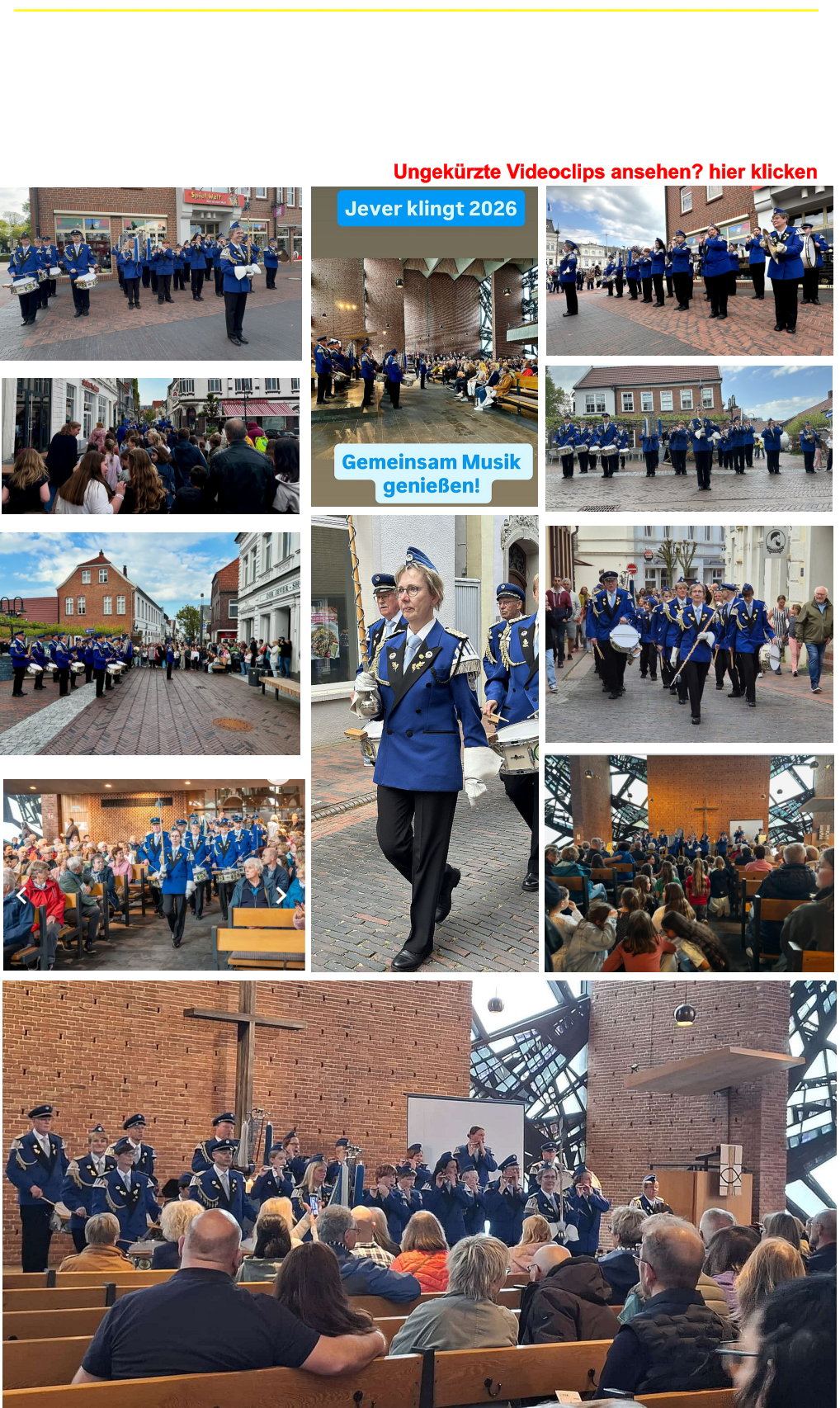 _________________________________________________________________________ Jever klingt! Wandelkonzert am 09. Mai 2026 Text / NWZ - Schon der Auftakt hatte etwas Feierliches. Der Spielmannszug Jever zog vom Alten Markt zur Stadtkirche - begleitet von zahlreichen Zuh�rerinnen und Zuh�rern, die den musikalischen Start des Abends nicht verpassen wollten. In der Stadtkirche angekommen, gab es dann gleich eine Premiere: Erstmals spielte der Spielmannszug den neu einstudierten Marsch �Eviva Espa�a�. Das Publikum bedankte sich mit gro�em Applaus.  Nachfolgend einige Bilder vom Ausmarsch:          Ungek�rzte Videoclips ansehen? hier klicken