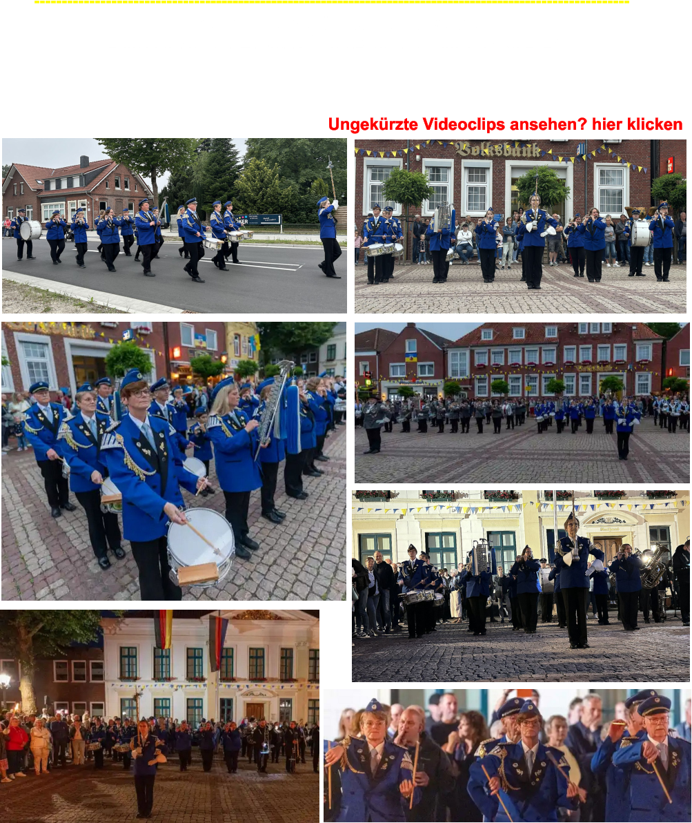 ------------------------------------------------------------------------------------------------------------ Platzkonzert und Gro�er Zapfenstreich zum Auftakt des Esenser Sch�tzenfestes am 10. Juli 2026  Am Freitagabend wurde es feierlich auf dem Marktplatz. Das Stadtorchester Wiesmoor spielte f�r zahlreiche  begeisterte Besucher.innen ein Platzkonzert. Dazu kamen Musikvortr�ge von mehreren Musikz�gen, darunter  auch der Spielmannszug Jever. Nach der musikalischen Vorstellung und dem Fackelumzug durch die Stadt  wurde der erste erfolgreiche Festtag mit dem Gro�en Zapfenstreich, vorgetragen vom Stadtorchester Wiesmoor  und dem Spielmannszug Jever, beendet. Ungek�rzte Videoclips ansehen? hier klicken