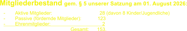 Mitgliederbestand gem. � 5 unserer Satzung am 01. August 2026:       -	Aktive Mitglieder: 			  	   28 (davon 8 Kinder/Jugendliche) -	Passive (f�rdernde Mitglieder):	          123	 -	Ehrenmitglieder:				     2 					       Gesamt:      153.